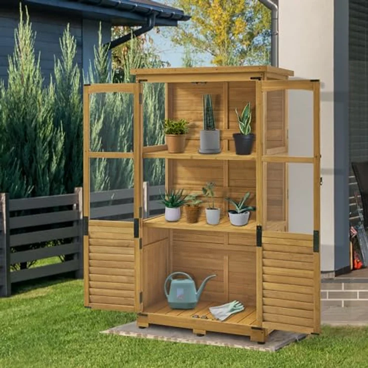 M MCombo Gartenschrank Holz 0120, Gerätehaus Wetterfest Klein, für Außenbereich, 87×46×160 cm, Natur - Preisvergleich – Bild 2