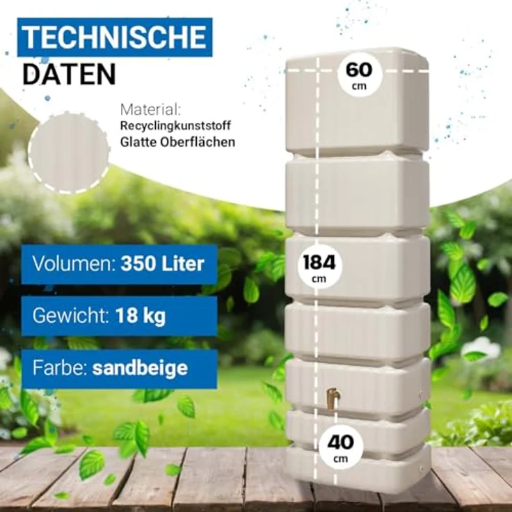 4rain Slim Wandtank sandbeige Regentonne, 350 Liter, UV-stabil, made in Germany – Bild 3