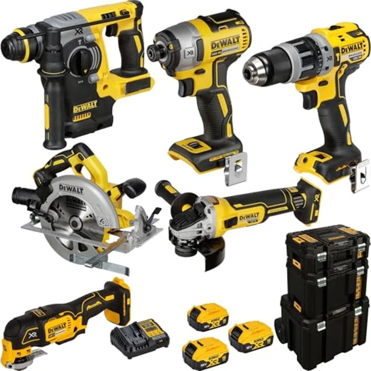 Dewalt DCK755P3T-QW Akku-Maschinen-Set, 18V mit 5,0Ah Li-Ion Akkus, inkl. Schlagbohrschrauber, Schlagschrauber, Kreissäge, Kombihammer, Winkelschleifer und Stichsäge – Bild 1