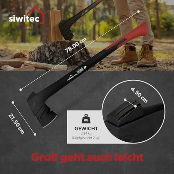 siwitec Axt SN-200 inkl. Klingenschutz, Spaltaxt mit 200 Gramm Kopfgewicht, Axt zum Holz spalten mit glasfaserverstärktem Kunststoff-Stiel und C45 Carbon Klinge, Spalthammer – Bild 2
