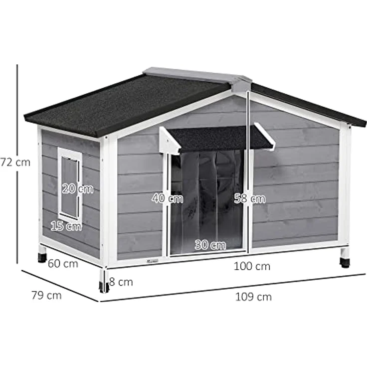 PawHut Hundehütte aus Holz, Hundehaus mit zu öffnendem Asphaltdach und abnehmbarem Boden, Outdoor Hundehaus Kleintierhaus für kleine, mittelgroße Hunde, Draußen, Grau, 109 x 79 x 72 cm – Bild 3