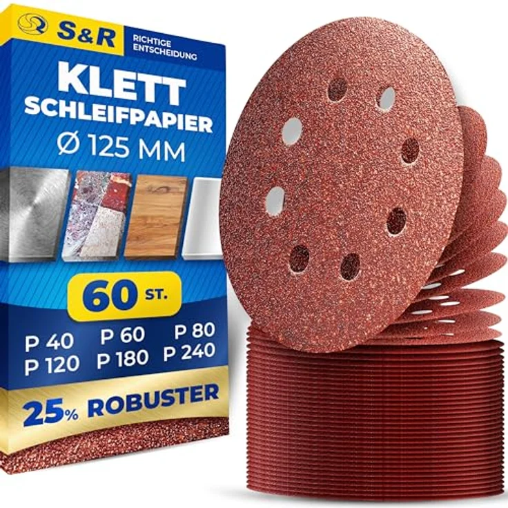 S&R Klett Schleifpapier Set 125 mm, 60 tlg. Schleifscheiben mit 8 Löchern, 10 x Körnungen P40, P60, P80, P120, P180, P240 für Exzenterschleifer, zuverlässige Haftung – Bild 1