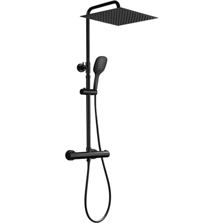 JOHO Edelstahl Duschsystem, Regendusche Duschset mit 30x30 cm Kopfbrause, wassersparend, Thermostat in Schwarz – Bild 1