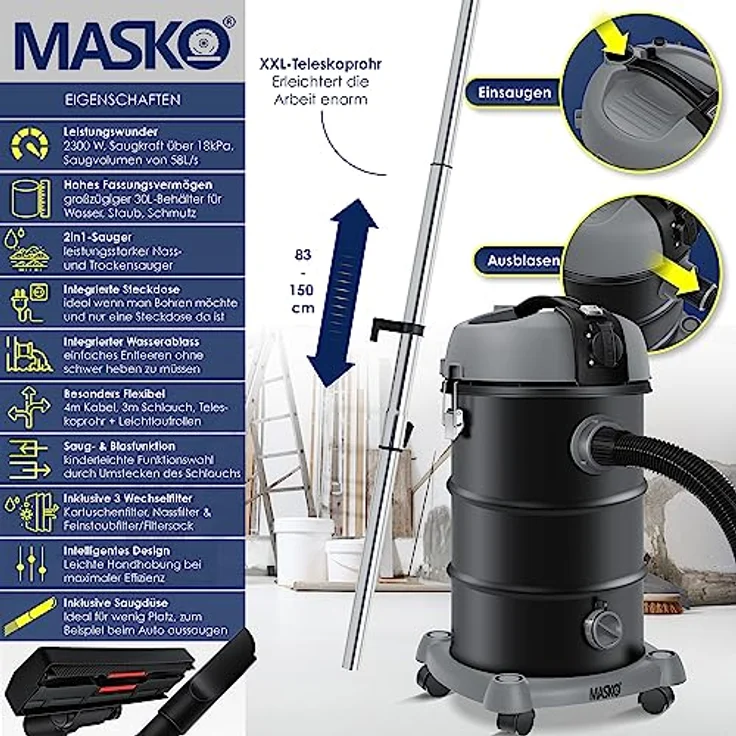 Masko® Industriestaubsauger Staubsauger Nass Trocken Sauger Edelstahl 2300W + Steckdose | Blasfunktion | Trocken-Saugen & Nass-Saugen | Push&Clean | Industrie-Sauger mit & ohne Beutel | beutellos – Bild 2