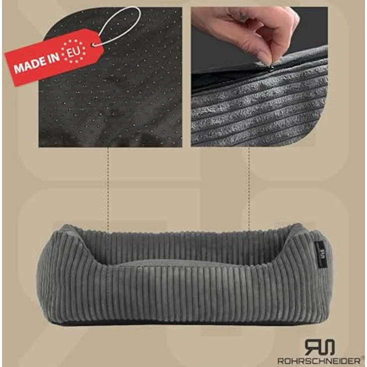 Rohrschneider® Hundebett waschbar für kleine und mittelgroße Hunde mit Hundekissen Cord (ca. 55 x 42 cm) inkl. Gassibeutel (Grau 55 cm, Cordstoff breit) – Bild 2