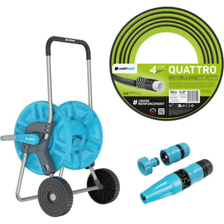 Cellfast Schlauchwagen Quattro, 15 m 4-lagiger Gartenschlauch mit Basic Sprühkopf und Aluminiumrahmen