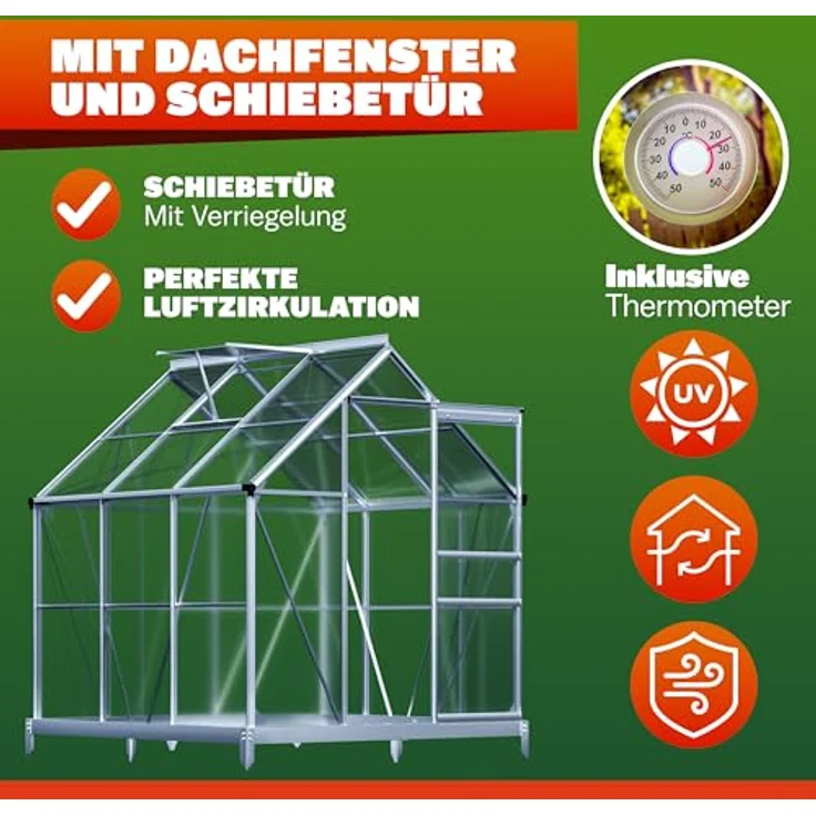 GARDEBRUK® Gewächshaus Aluminium 3,6m² mit Fundament 190x190cm, inkl. Dachfenster, stabil für Tomaten- und Pflanzenaufzucht, wetterbeständig, 5,8m³容量 – Bild 5