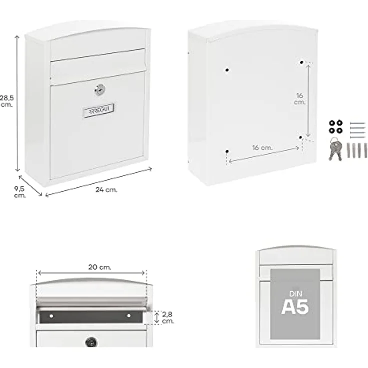 Arregui Compact E5731 Individueller Briefkasten aus Stahl, Größe S (DIN A5), Weiß, 28,5 x 24 x 9,5 cm – Bild 4