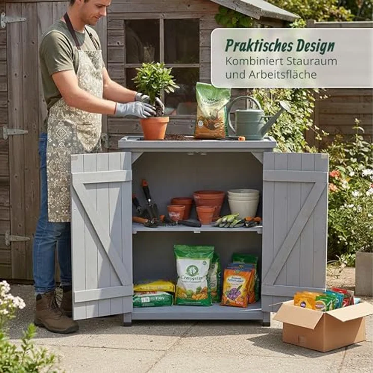 Relaxdays Pflanztisch mit Unterschrank, Holz, verzinkte Arbeitsplatte, HxBxT: 90 x 75 x 40 cm, grau, für Garten und Balkon – Bild 2