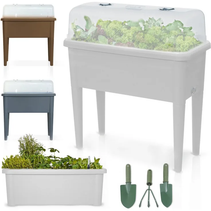 Onbest Hochbeet Kunststoff 76x66,5x37cm, wetterfest mit Deckel, inklusive 3-teiligem Gartenwerkzeug Set, Coffee/Grau/Weiß