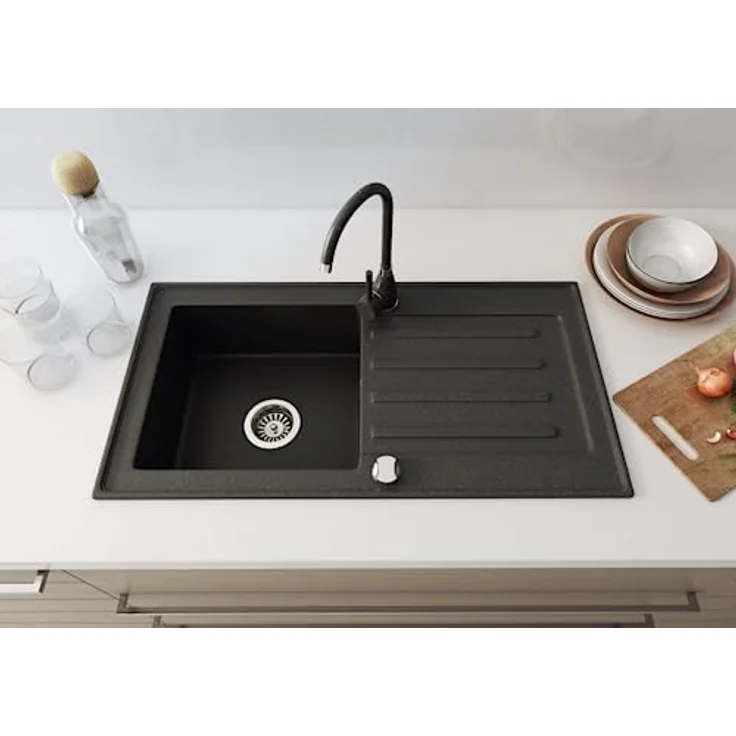 Faizee Möbel Granitspüle 76x44 Küchenspüle Eckig Spülbecken f. Unterschränke ab 45 cm inkl.Siphon Set (Schwarz, Armatur Klein Schwarz) – Bild 3