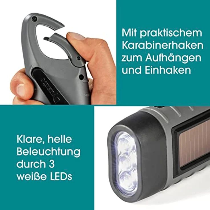 EASYmaxx Solar Taschenlampe mit Dynamo Kurbel | Notfall Solar & Dynamo Taschenlampe | helle LED Lampe | Indoor, Outdoor & Camping Notlicht mit Karabinerhaken zum Aufhängen [ohne Batterie] - Preisvergleich – Bild 5