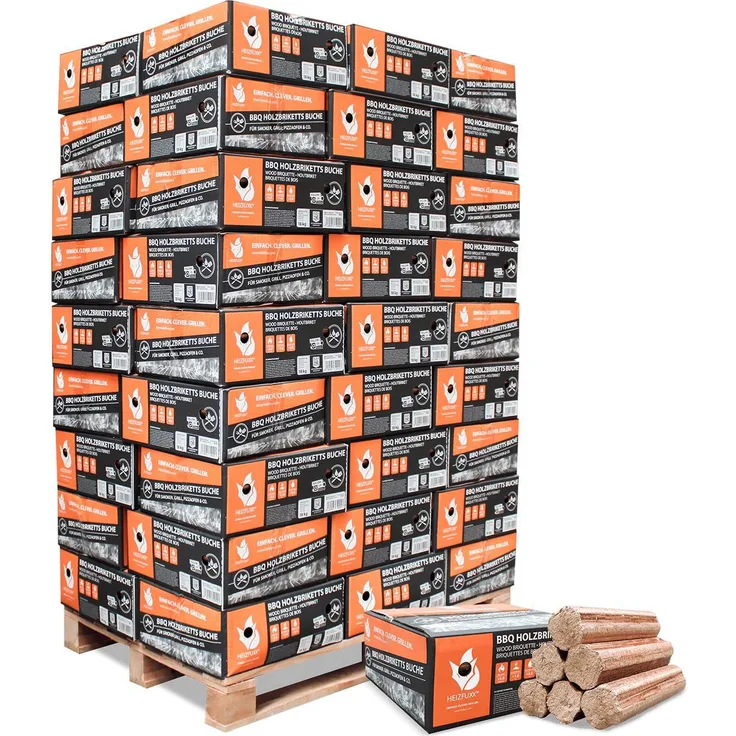 HEIZFUXX BBQ-Buchenholzbriketts, 18kg x 54 Gebinde, 972kg Palette, 100% rein, ohne Zusätze, hoher Heizwert, ideal für Grill und Smoker