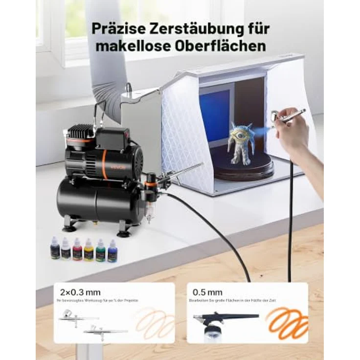 VEVOR Airbrush Set 1/6 PS mit Kompressor & Tank, Dual-Action mit 3 Düsen (0,3/0,3/0,5 mm), für Tortendekoration, Modellmalerei und Nagelkunst – Bild 2