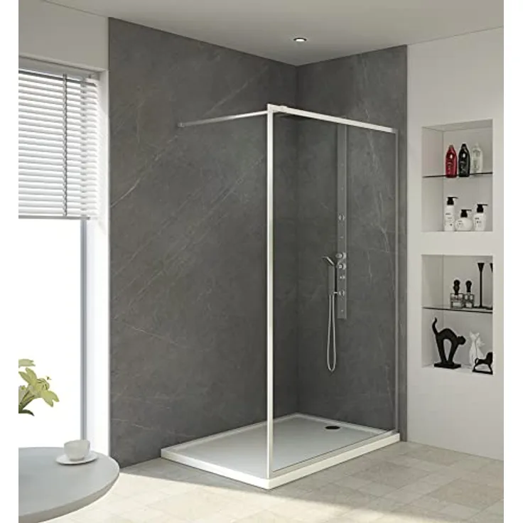 MARWELL WALK IN Duschwand 120 x 200 cm - Duschabtrennung mit barrierefreien Einstieg - 6mm starkes Einscheibensicherheitsglas - inklusive Halterungsstange - Glasdusche in moderner Silber-Optik
