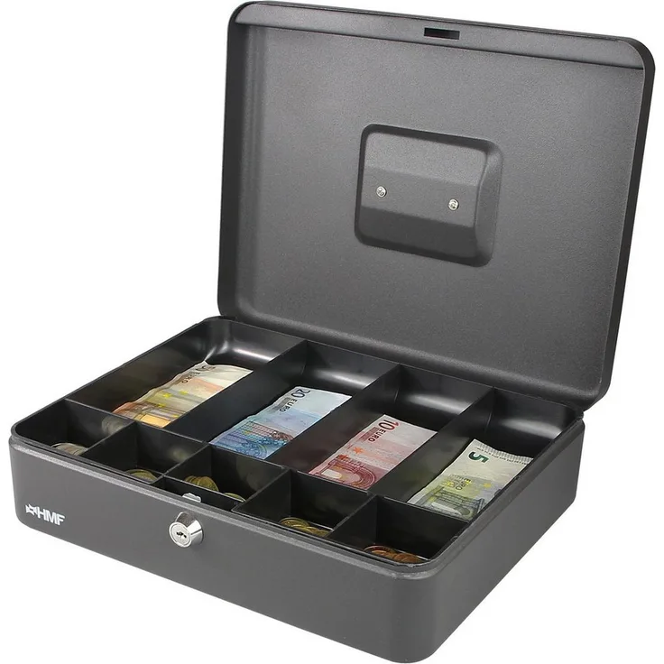 HMF Geldkassette 10019 abschließbar mit Geldeinsatz für Münzen und Scheine, 30 x 24 x 9 cm, schwarz