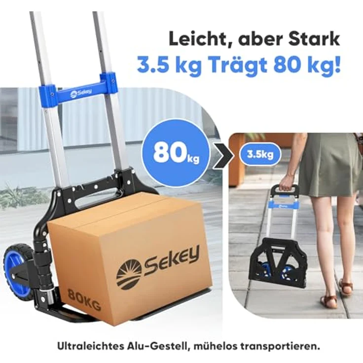 Sekey Sackkarre Alu Transportkarre klappbar, bis 80 kg Tragfähigkeit, 3-stufig höhenverstellbar, ideal für Umzüge und Einkäufe, schwarz/blau – Bild 3
