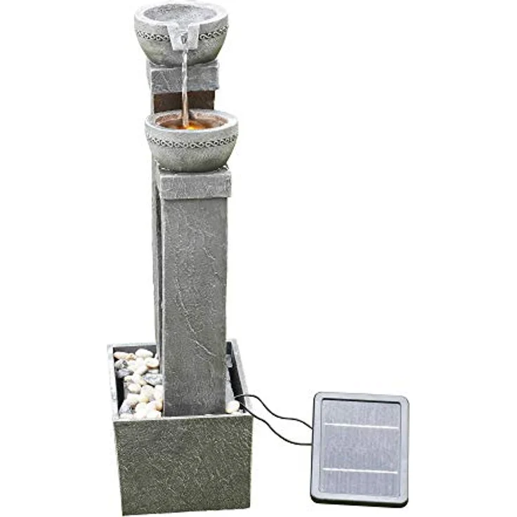Teamson Home Gartenbrunnen Solarbrunnen, 76 cm hoher Polyresin Wasserfallbrunnen mit 3 Ebenen in Grau, verstellbares Solarpanel und beleuchtete Schalen – Bild 6