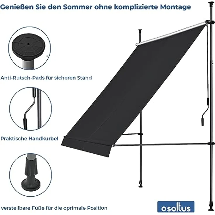 osoltus Klemmmarkise, Balkonmarkise, höhenverstellbar, mit Handkurbel, Sonnenschutz, für Balkon, Terrasse, Garten (250cm, Anthrazit) – Bild 3