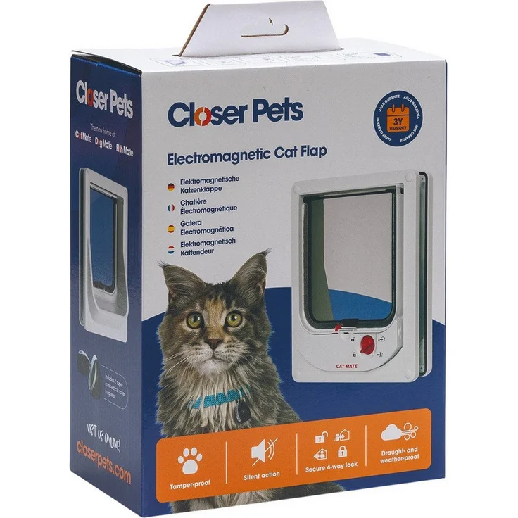 CAT MATE Katzenklappe 254W, elektromagnetische Katzentür mit Vier-Wege-Verschluss, weiß, wetterfeste Bürstendichtung