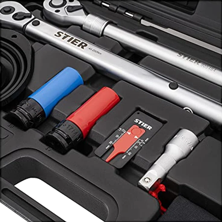STIER Rad-Montage-Set 1/2'' Drehmomentschlüssel, 40-200 Nm, im stabilen Koffer, extra hohe Auslösegenauigkeit, Verlängerungen für Tiefbettfelgen – Bild 5