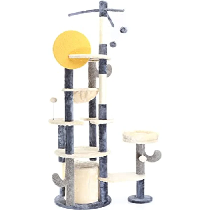 Fudajo Kratzbaum im Kaktusdesign Dunkelgrau 172 cm, Katzenkratzbaum mit Katzenhaus u. Liegemulde, Katzenbaum mit Sisal, Katzenmöbel mit Spielbälle – Bild 4