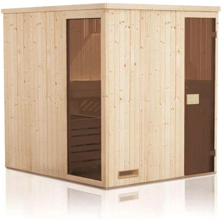 MEGIW FinnTherm Innensauna Miranda, 3 Sitzbänke, Wandstärke 40 mm, bronzierte Glastür mit Sicherheitsglas, seitenverkehrt montierbar