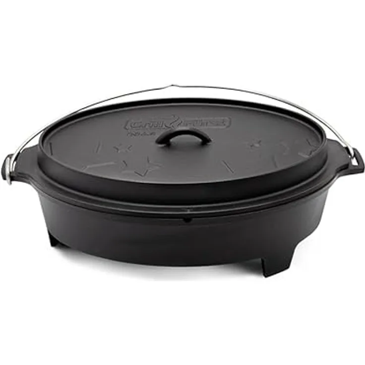 Grillfürst flacher Dutch Oven ca. 6,5 Liter - stabil stehender Feuertopf durch speziell entwickelte T-Füße, hitzebeständiger Gusseisen Topf, Deckel als Pfanne nutzbar, oval, DO 6,5