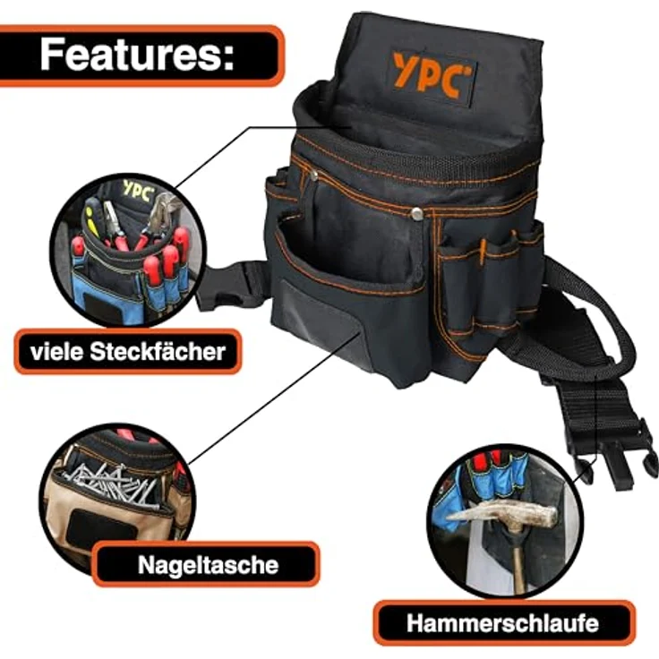 YPC Presto Werkzeug Gürteltasche XL – wasserfeste Werkzeugtasche mit 12 Taschen, Hammerschlaufe, 27x21x13cm, Schwarz, 5 kg Tragkraft – Bild 4