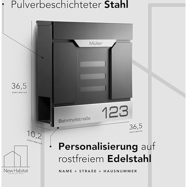 NewHabitat Moderner Briefkasten Personalisierbar Mailand Anthrazit RAL7016 mit Zeitungsfach und Edelstahl Namensschild - Zeitungsbox & Sichtfenster - Wandmontage, rostresistent & wetterfest – Bild 3
