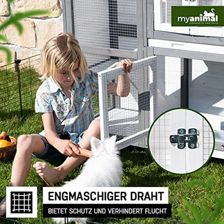 Miweba MyAnimal Hasenstall MH-02 | 140x48x108 cm - Kaninchenstall - Doppelstockhaus 2 Ebenen - Hasenkäfig - Kiefernholz imprägniert - Kaninchenkäfig Winterfest - Indoor und Outdoor (Grau/Weiß) – Bild 4