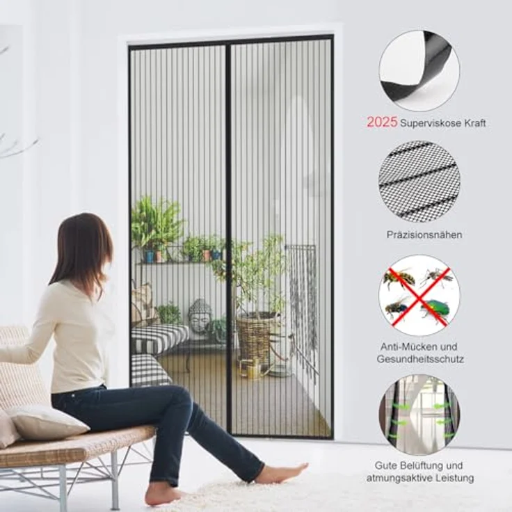 MYCARBON Mosquitera Puerta Magnetica Fliegengitter Tür magnetisch, Schwarz Gestreift, 140x220cm, leichte Klebemontage, dichter Insektenschutz mit automatischem Schließen – Bild 4