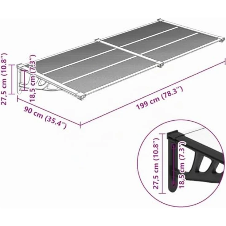 VidaXL Markise Türvordach Schwarz und Transparent 199x90 cm Polycarbonat (1-St) mit langlebigen Materialien und stabilem Rahmen – Bild 3