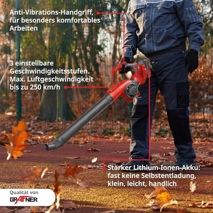 Grafner Akku-Laubbläser AL11146 mit Akku & Ladegerät 20V, leistungsstarker Lithium-Ionen-Akku, Anti-Vibrations-Handgriff – Bild 4