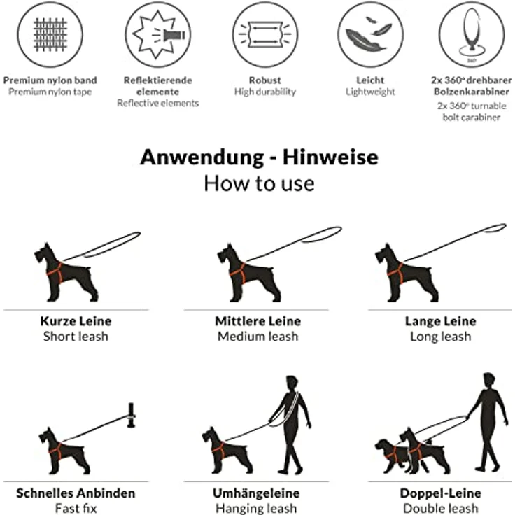 BedDog® Hundeleine Willy, verstellbar in 3 Längen, Doppel-Leine, Führ-Leine, Lauf-Leine, mittel-große und große Hunde, Gesamtlänge 2m - rot/schwarz – Bild 3