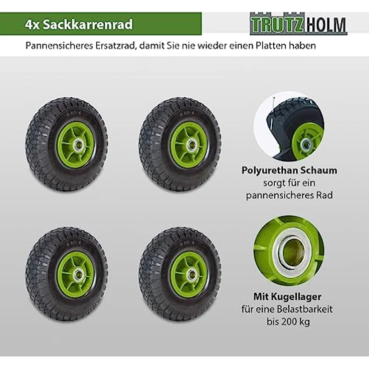 4x Sackkarrenrad Vollgummi 260x85 mm 3.00-4 PU Sackkarre Ersatzrad Rad Reifen Pannensicher – Bild 2