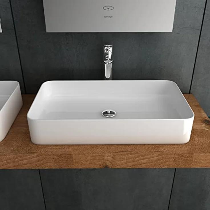 Alpenberger Aufsatzwaschbecken 60 cm Breit mit Nano Beschichtet | Sauberes Keramik Waschbecken Eckig | Waschtisch ohne Hahnloch für Bad & Gäste-WC | Design Aufsatz-Waschschale Modern ohne Überlauf – Bild 3