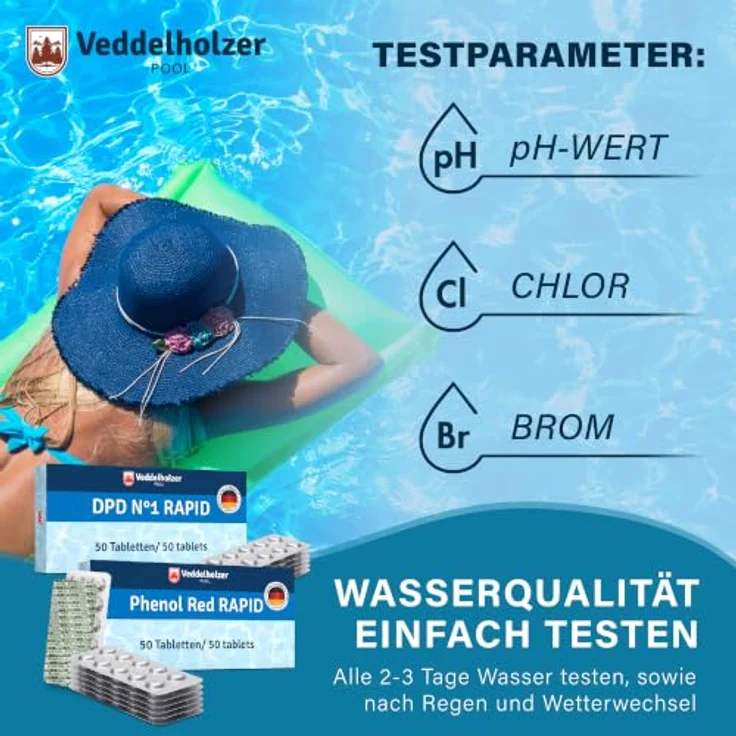 Veddelholzer Pooltester, 100 Nachfülltabletten DPD 1 Rapid und Phenol Red, für pH, freies Chlor und Brom, je 50 Stück, für Pool und Whirlpool – Bild 5