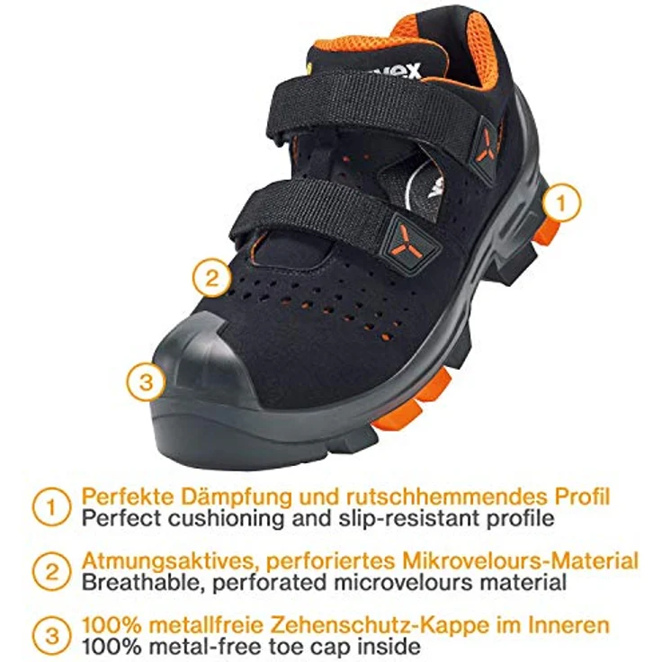 Uvex 2 Sicherheits-Sandale gelocht Gr. 40, metallfrei, ESD, stoßdämpfend, schwarz/orange – Bild 3