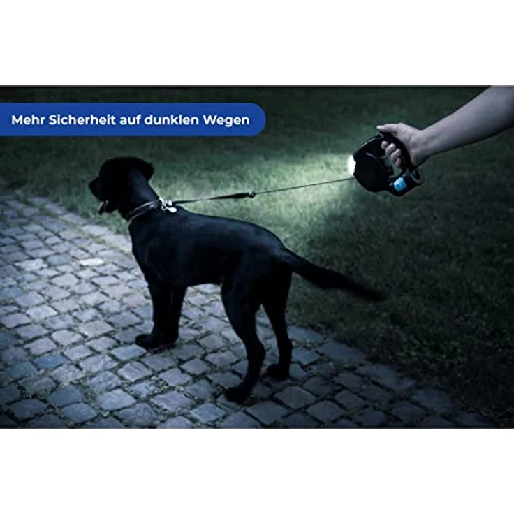 Hundeleine mit LED Licht Kotbeutelspender Beutelspender 5m Hunde Leine bis 25kg Rollleine Schwarz – Bild 3