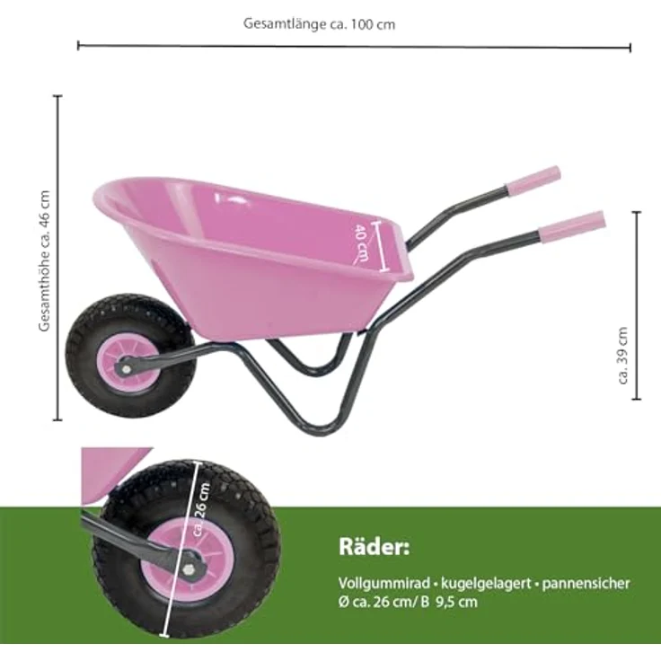 TRUTZHOLM Kinderschubkarre Uni, 40 kg Traglast, 3,6 kg leicht, Stahl-Kunststoff, rosa, mit Vollgummirad für Garten und Sandkasten – Bild 2