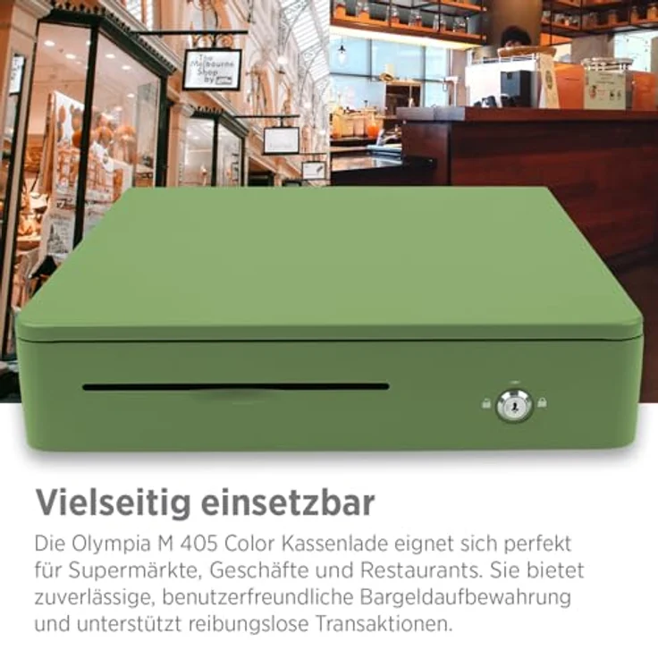 Olympia M 405 Grün, Kassenlade mit 8 Münzfächern, 4 Scheinfächern, Vollmetallgehäuse, elektrischer Anschluss RJ11/RJ12, Schloss und Schlüssel – Bild 5