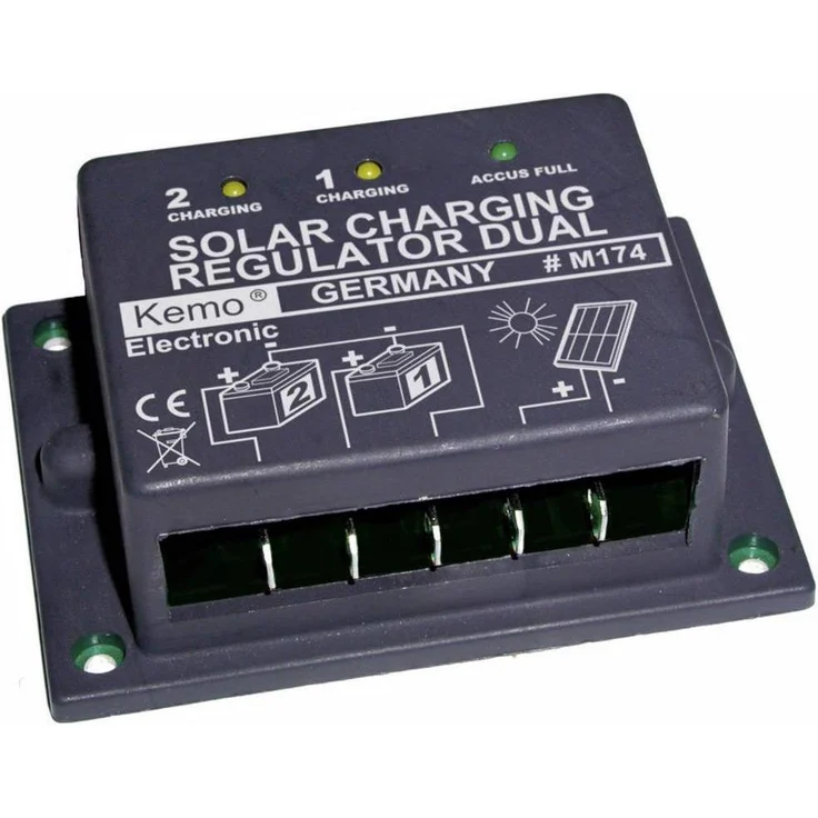 Kemo Laderegler Dual M174 Serie 12, Solar-Laderegler für 1 oder 2 Akkus, max. 2 x 8 A oder 1 x 16 A mit LED-Anzeigen