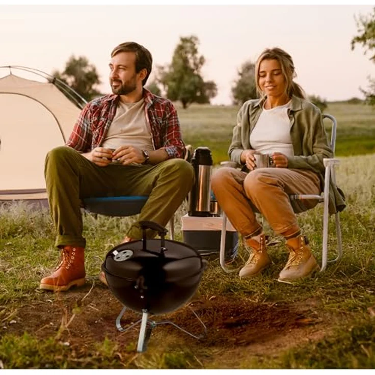 Relaxdays Tragbarer Kugelgrill Ø 37 cm, Schwarz/Silber, Kompakter Holzkohlegrill für bis zu 3 Personen – Bild 2