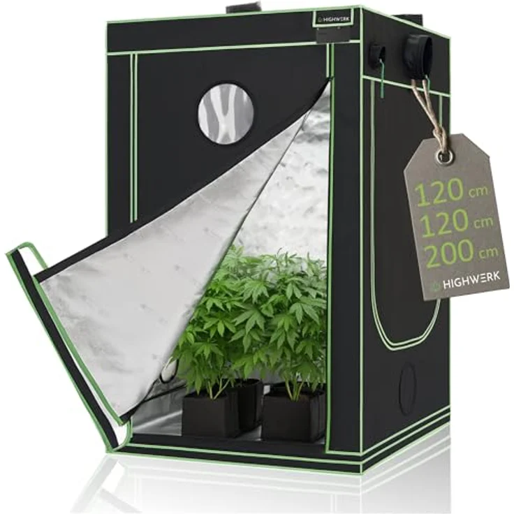 HIGHWERK Growzelt 120 x 120 x 200 cm, Indoor Grow tent, lichtdicht, hochreflektierend, schwarz-grün, für Pflanzen und Kräuter – Bild 1