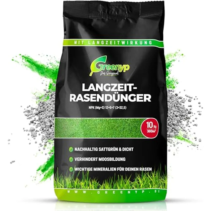 Greenyp Langzeit Rasendünger Frühjahr, 10kg für 300m² mit Langzeitwirkung & Depotwirkung, NPK 12+6+7, verhindert Moosbildung – Bild 1