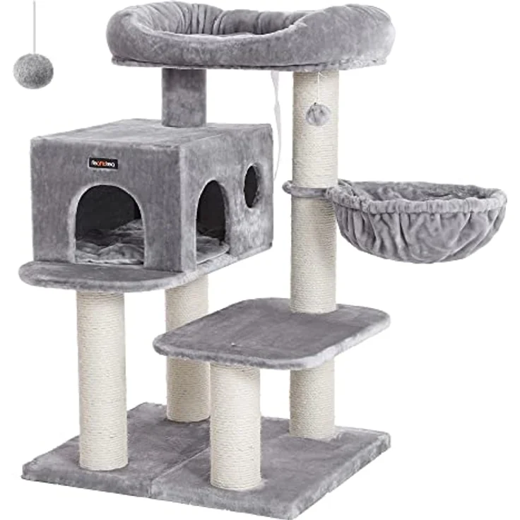 Feandrea Kratzbaum mit XXL Aussichtsplattform, Liegemulde, große Kuschelhöhle, verstellbare Elemente, extra Dicke Stämme komplett mit Sisal umwickelt, Katzenbaum, stabil, Hellgrau PCT01W – Bild 1