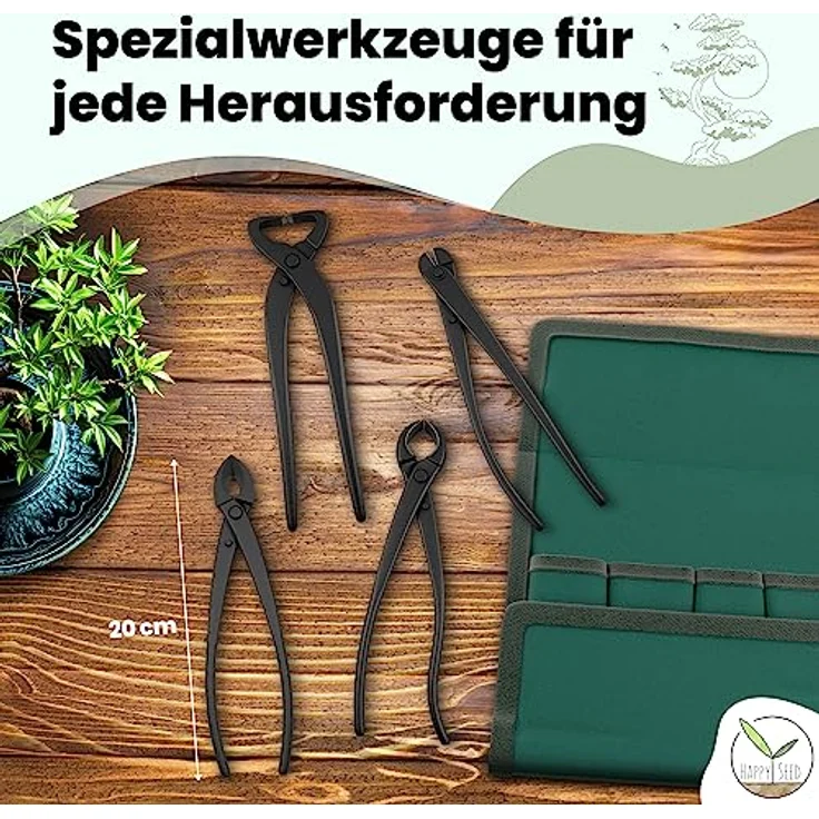 HappySeed Gartenschere Bonsai Werkzeug-Set Profi 4-teilig aus Stahl mit praktischer Tasche, grün – Bild 4