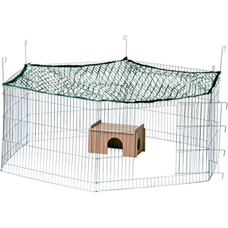 dobar® 80592 6-eckiges Freigehege mit Schutznetz - verzinkter Auslauf für Nagetiere - Wetterfestes Kaninchengehege mit Nagerhaus - 165 x 145 x 60 cm - Silber – Bild 3