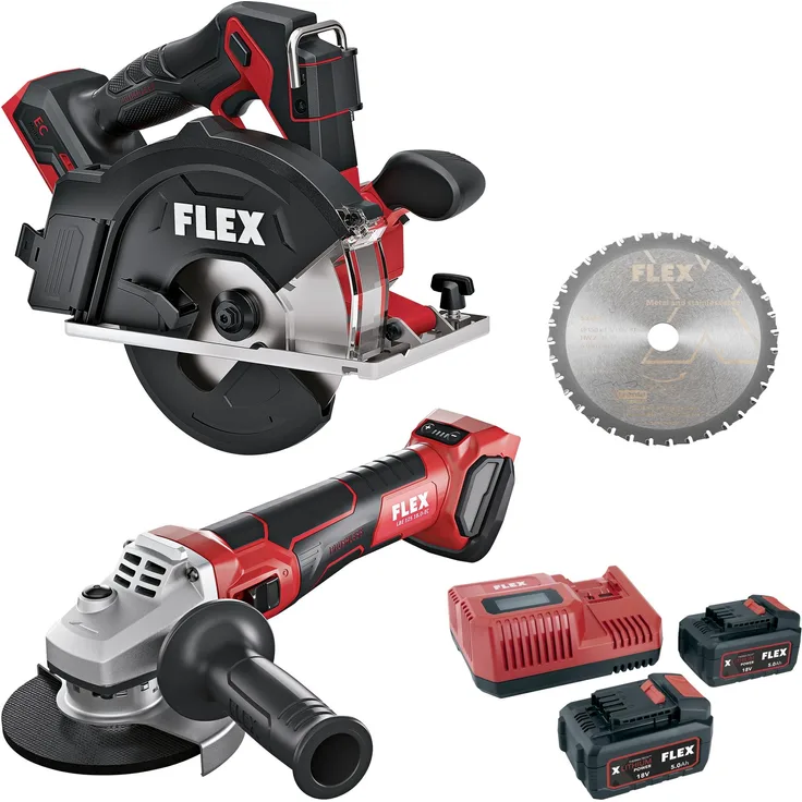 FLEX Akku Metall-Handkreissäge CSM 57 18-EC C, inkl. Winkelschleifer und 2x 5,0 Ah Akkus, bürstenloser Motor, Schnitttiefe 57 mm, LED-Licht, ergonomischer Griff